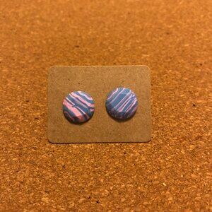 Handmade Faceted Marble-Style Stone Earrings- Blue and Light Pink- Steel Stud